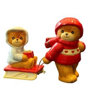 Vintage 1983 Enesco Lucy and Me Teddy Bear Sledding Figurine, Porcelain